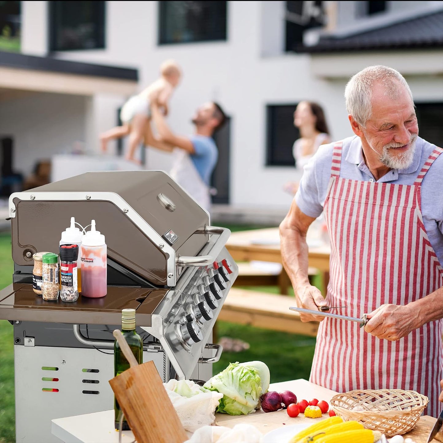 Royal Gourmet GA6402S 6-Burner Propane Gas Grill with Side Burner and Warming Rack, 74,000 BTUs, Cabinet Style Outdoor BBQ Grill for Barbecue Grilling & Backyard Cooking, Silver