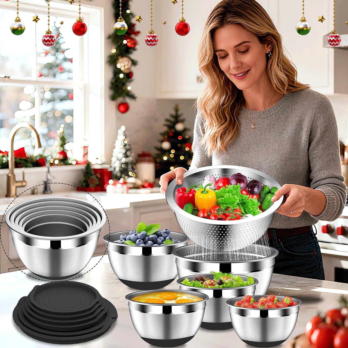 DUTZUN Mixing Bowls with Lids Set - 16pcs Stainless Steel Mixing Bowl Set with Colander, 3 Grater Attachments, Non-Slip Bottom, Metal Nesting Bowls with Strainer for Mixing & Serving - Black