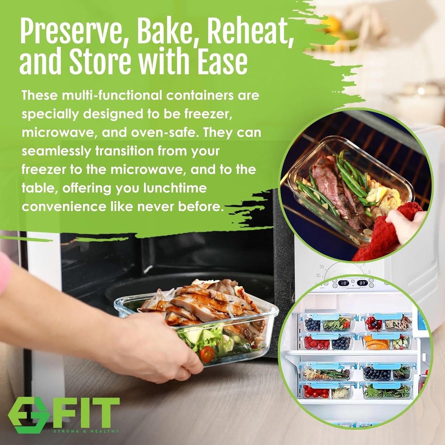FIT Strong & Healthy 2 & 3 Compartment Glass Meal Prep Containers (4 Pack, 32 oz) and 32 oz Glass Water Bottle with Straw Lid, Time Marker, Sleeve & Extra Lid Bundle