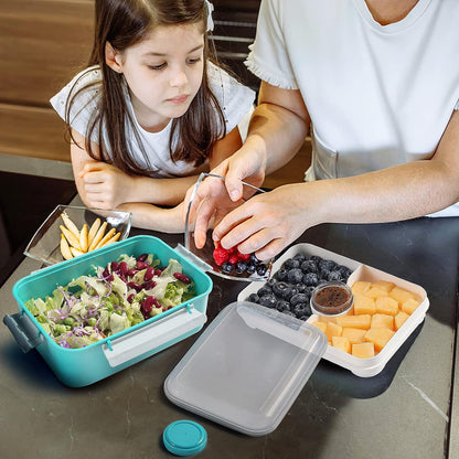 3 Pack Salad Lunch Box Food Storage Containers, 47oz Bento Box To Go Container with Lids, Reusable Meal Prep Containers with Removable Tray & Dressing Pots for Kids and Adults, Microwave Safe