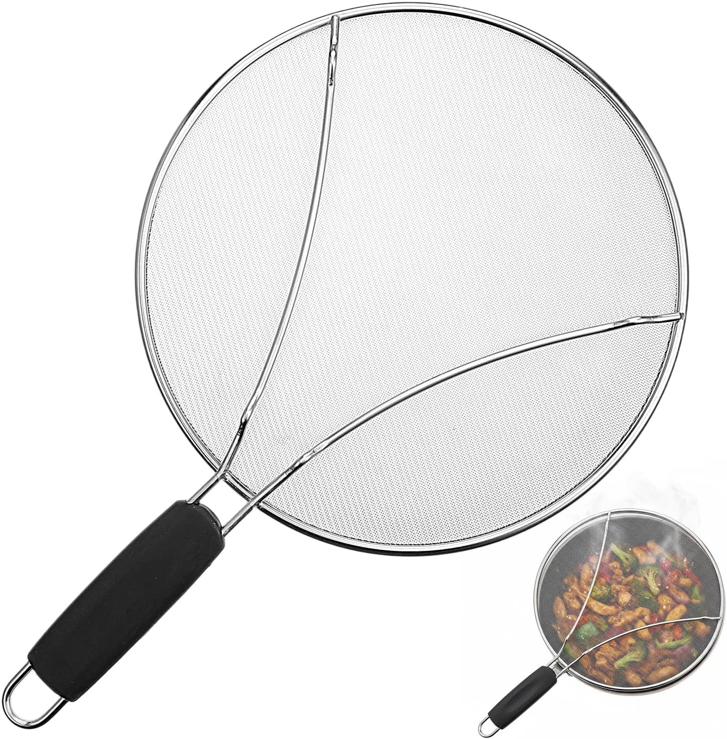 Splatter Screen, 10’’ Stainless Steel Splatter Guard for Frying Pan Grease Splatters Guard with Grip Handle Fine Mesh Oil Splash Screen Pan Cover When Sizzling Bacon, Cooking Fried Chicken or Popcorn