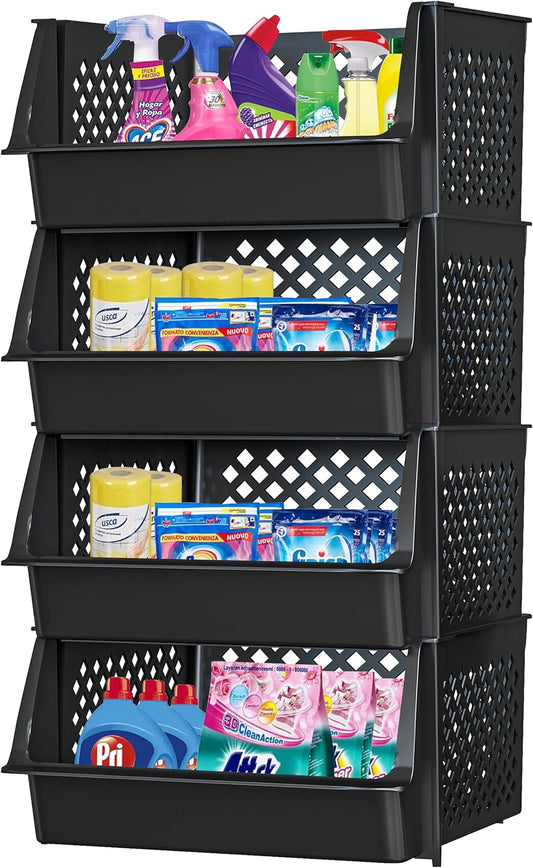 TidyFriend 6 Pk Large Stackable Storage Bins Open Front for Pantry Organizers and Storage, Pantry Storage for Food, Kitchen and Home Organization, Plastic Storage Bins, Dorm Room Essentials (Black)