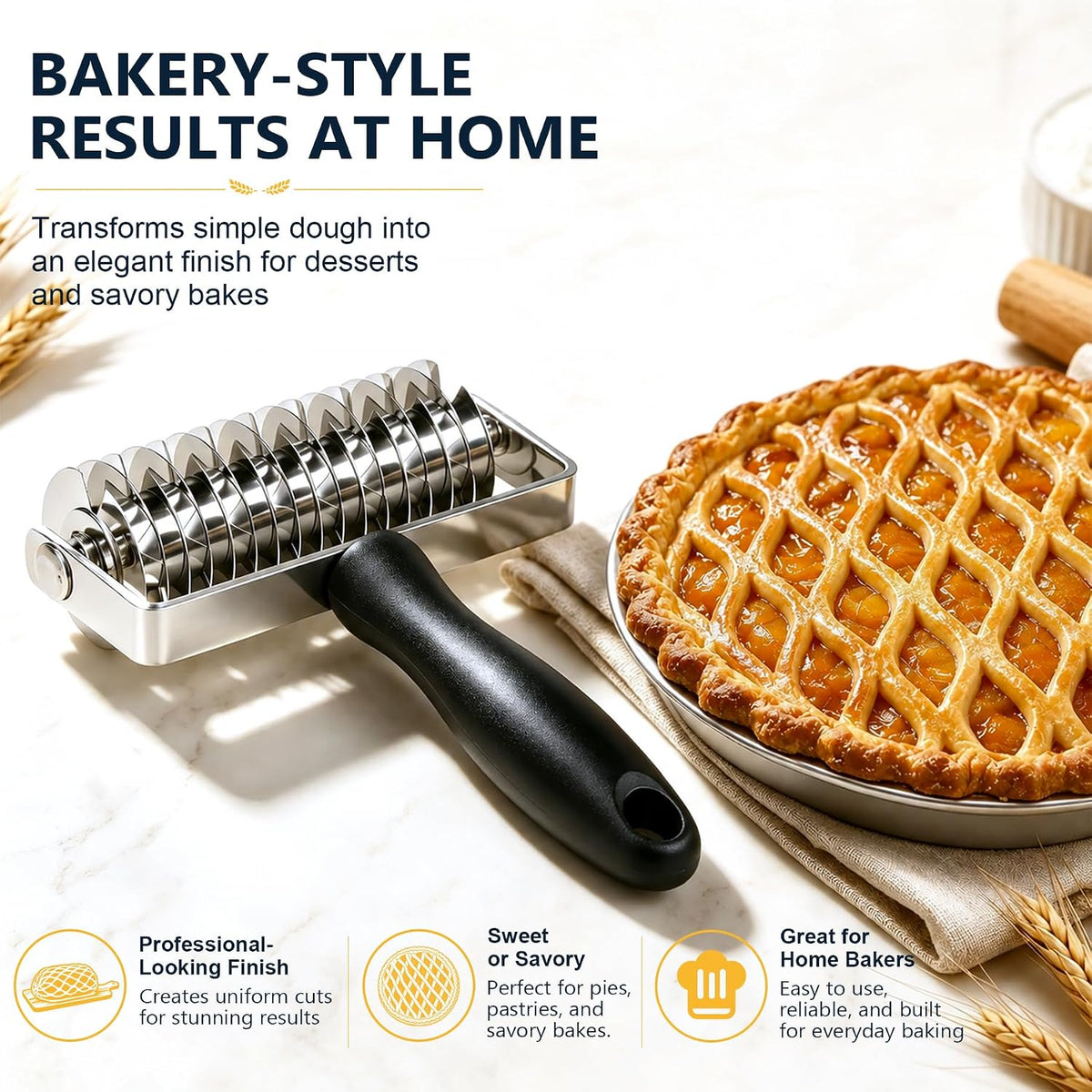Pastry Lattice Roller Cutter, Stainless Steel Dough Lattice Cutter for Pie Crust, Puff Pastry, Pizza Dough, Bread, Tarts and Beef Wellington Baking