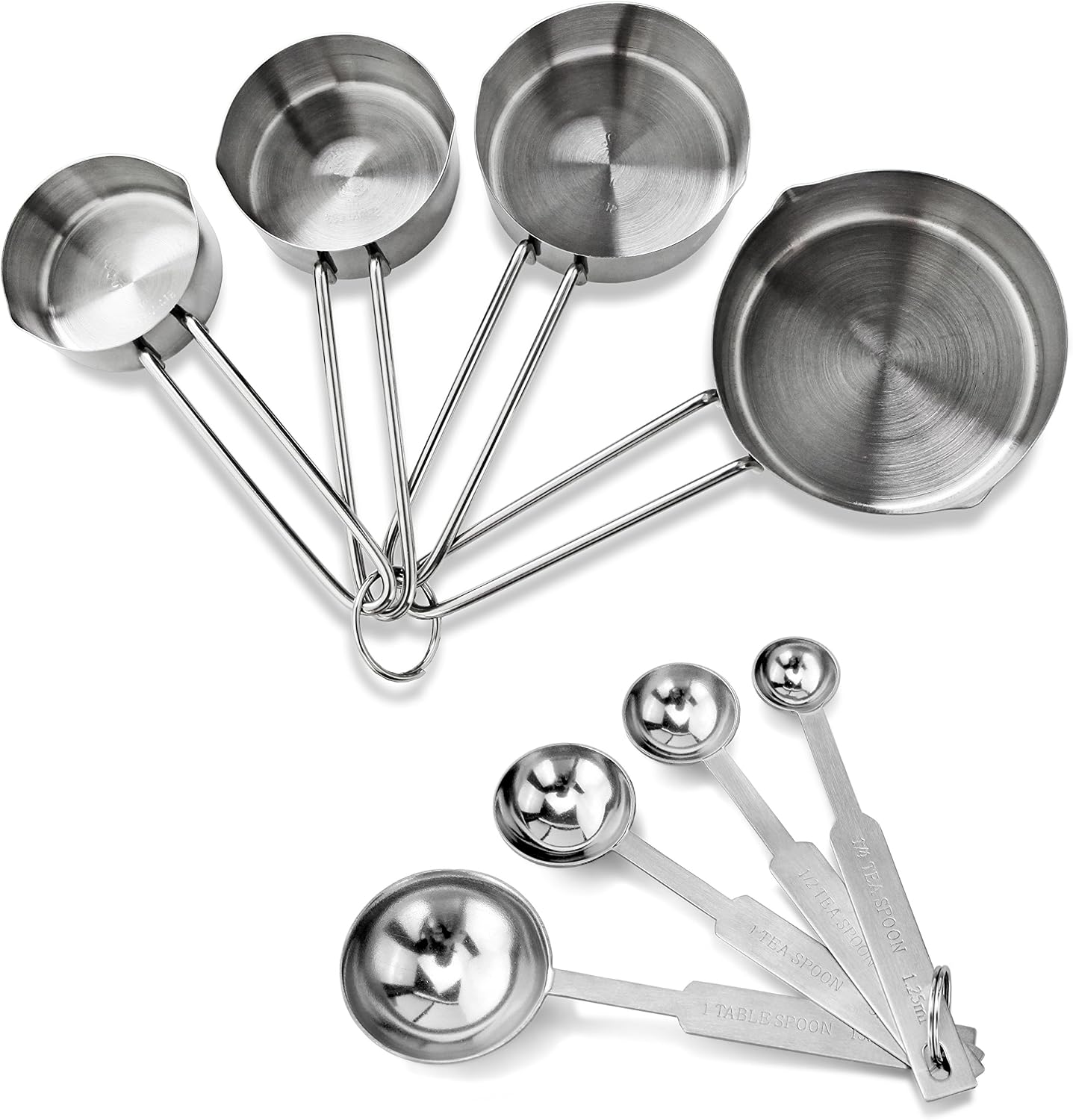 New Star Foodservice 42917 Stainless Steel Measuring Cups and Spoons Set, 8-Piece Metal Measuring Set for Baking, Cooking, Dry and Liquid Ingredients, Restaurant Grade, Silver