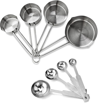 New Star Foodservice 42917 Stainless Steel Measuring Cups and Spoons Set, 8-Piece Metal Measuring Set for Baking, Cooking, Dry and Liquid Ingredients, Restaurant Grade, Silver
