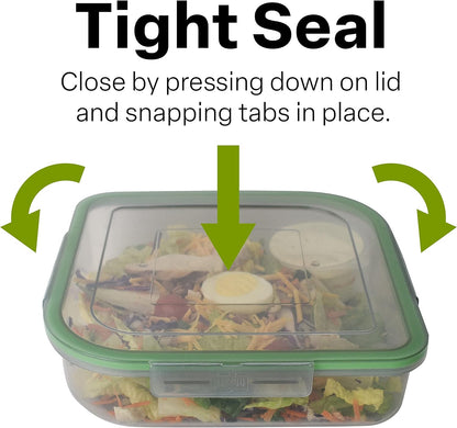 MyGo Container Large To-Go 3-Compartment Food Containers, Pack Of 3, 9-3/8" X 9-3/8" X 2-1/2", Reusable, Microwave Safe, NSF Certified, Smoke/Green