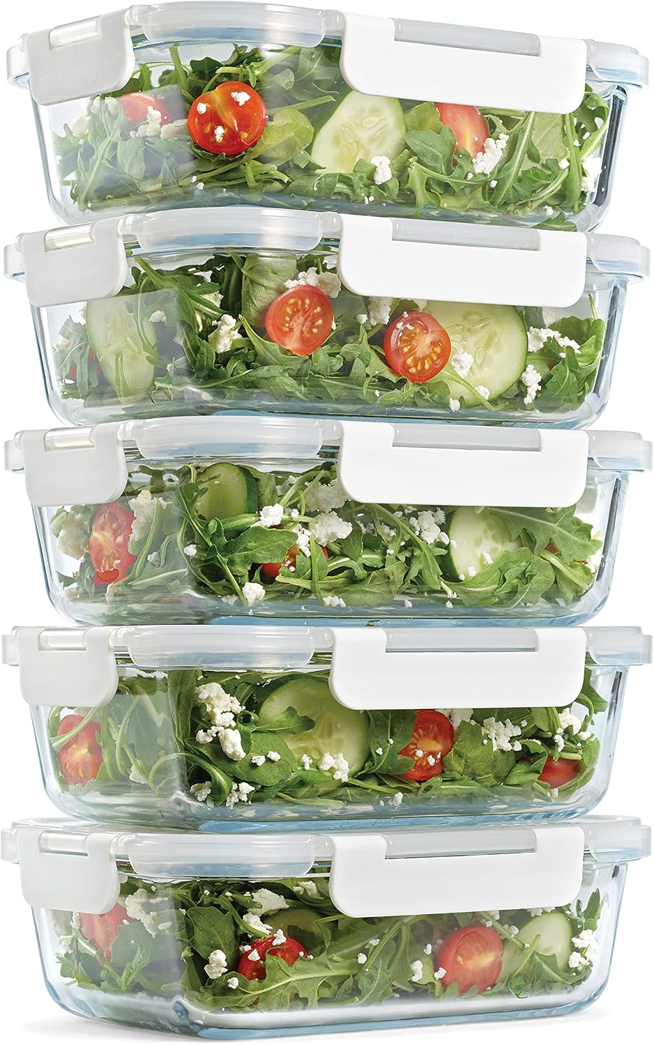 Fit & Fresh Divided, 5-Pack, Two Compartments, Set of 5 Containers with Locking Lids, Glass Storage, Meal Prep Containers with Airtight Seal, 27 oz.