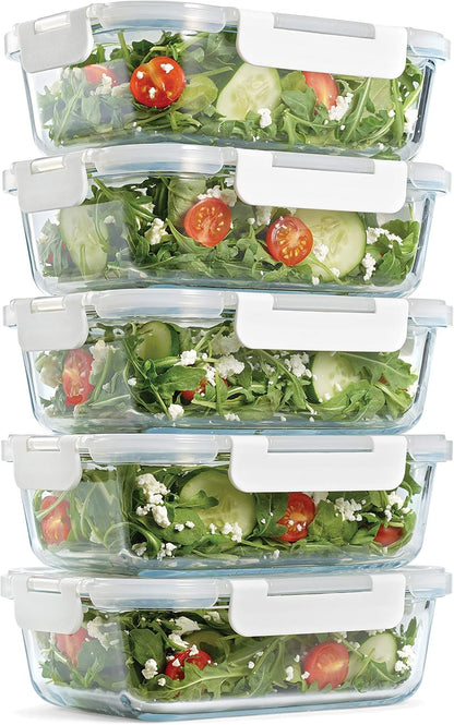 Fit & Fresh Divided, 5-Pack, Two Compartments, Set of 5 Containers with Locking Lids, Glass Storage, Meal Prep Containers with Airtight Seal, 27 oz.