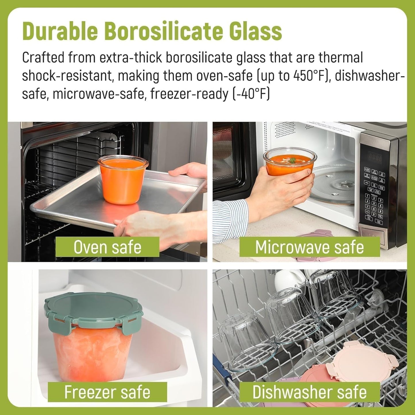 [UPGRADED LID] 6 Sets 3 Cup/24oz Borosilicate Glass Meal Prep Containers with Lids, Food Storage Bowl Jars for Soup Leftover Meal Lunch Oats Fruit Deli Salads - Microwave, Oven, Freezer Safe -BPA Free