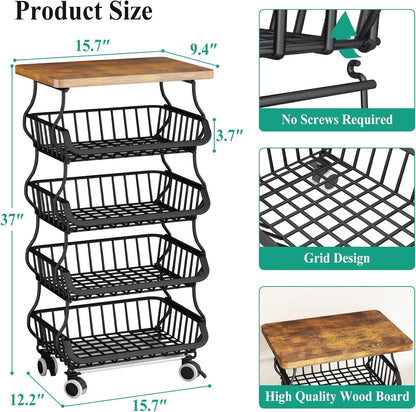 SAYZH Fruit Basket Kitchen Pantry Organizers and Storage - Wooden Top Table, Stackable Metal Wire Basket Stand Cart for Fruit Vegetable Snacks Onion Potato Organization (White, 5 Tiers)
