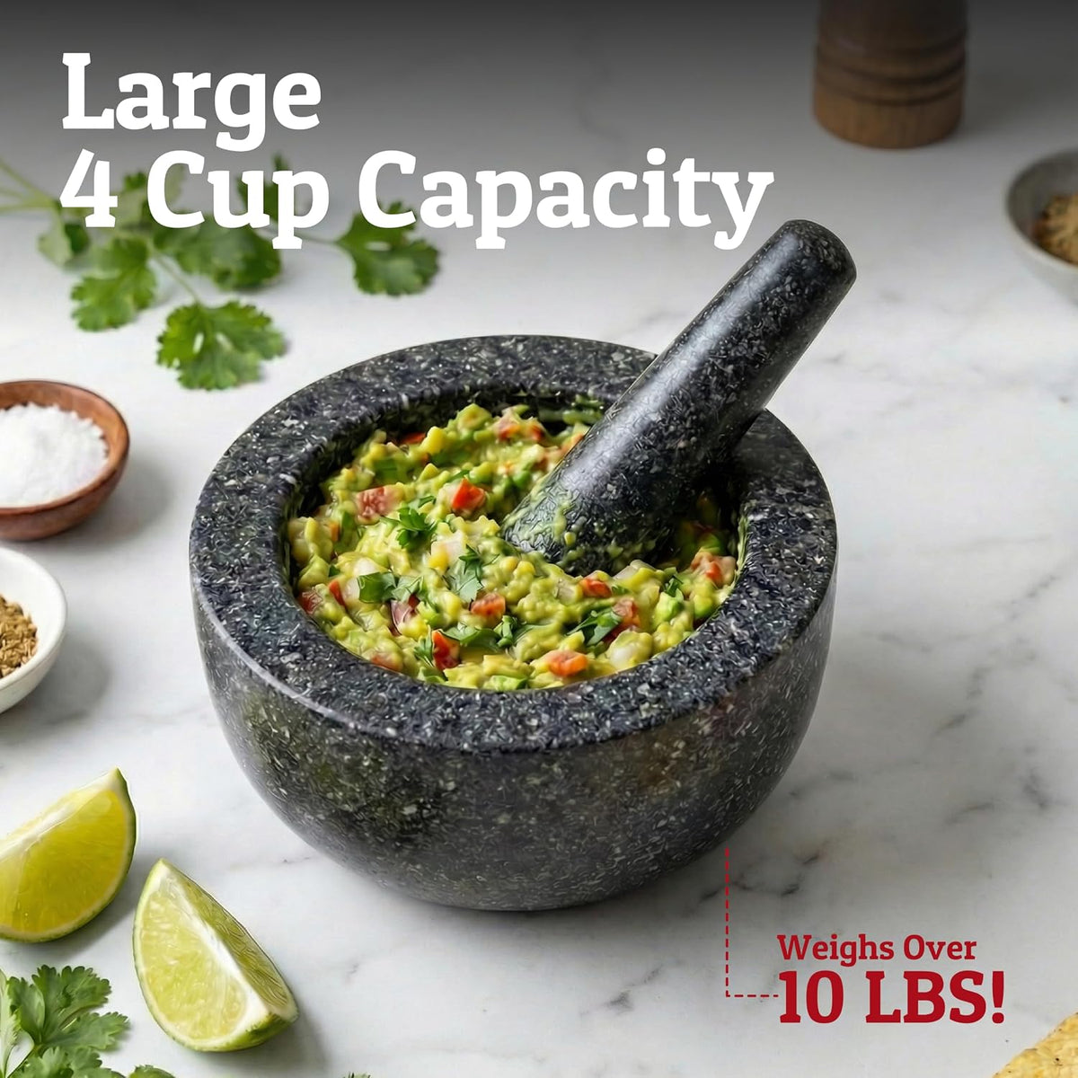 Priority Chef Heavy Duty Large 1.5 Cup Mortar and Pestle Set, 100% Natural Granite, 5.5 Inch Diameter Bowl, 6.2 Inch Pestle, Non-Slip Base, Stone Grinder for Guacamole Salsa Pesto Herbs Spices, Black