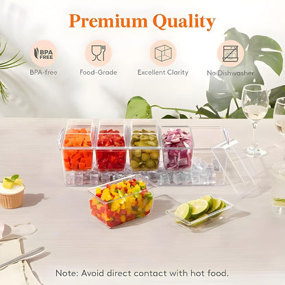 𝐋𝐚𝐫𝐠𝐞 Ice Chilled Condiment Server Caddy with 5 Removable Compartments (2.5 Cup), Clear Garnish Tray with Lids – Fruit, Salad, Taco, Bar Platter – Free Stainless Steel Accesories