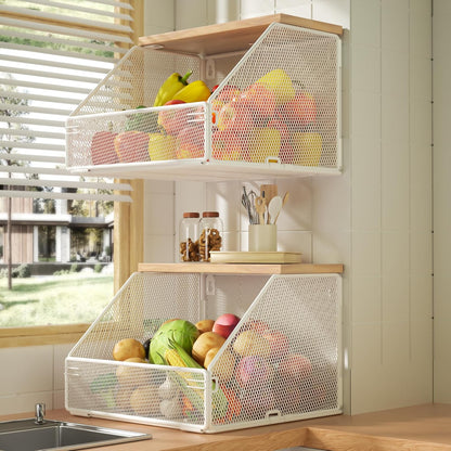 Stackable Fruit Basket for Kitchen Countertop Space Saving, Wall Mounted Mesh Metal Wire Baskets with Wood Lid Extra Storage, 2 Pack Kitchen Counter Organizer for Snack, Onion and Potato Storage