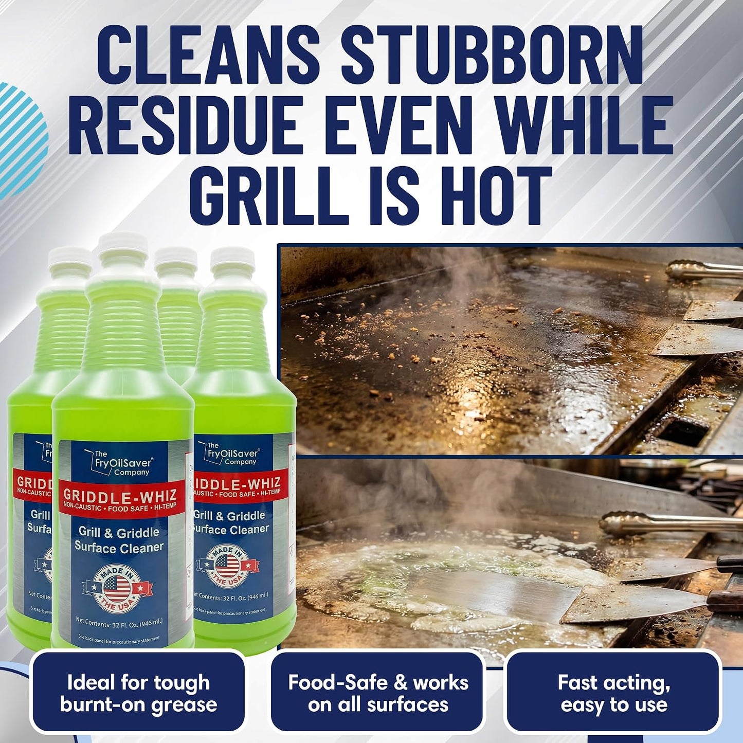 Griddle-Whiz Grill & Griddle Cleaner | Removes Grease, Food Residue, Burnt On Organics | Non-Toxic High Heat Flat Top Grill Cleaner & Food Contact Surface | Non-Caustic Formula by FryOilSaver (32oz)