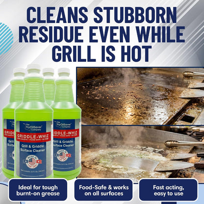 Griddle-Whiz Grill & Griddle Cleaner | Removes Grease, Food Residue, Burnt On Organics | Non-Toxic High Heat Flat Top Grill Cleaner & Food Contact Surface | Non-Caustic Formula by FryOilSaver (32oz)