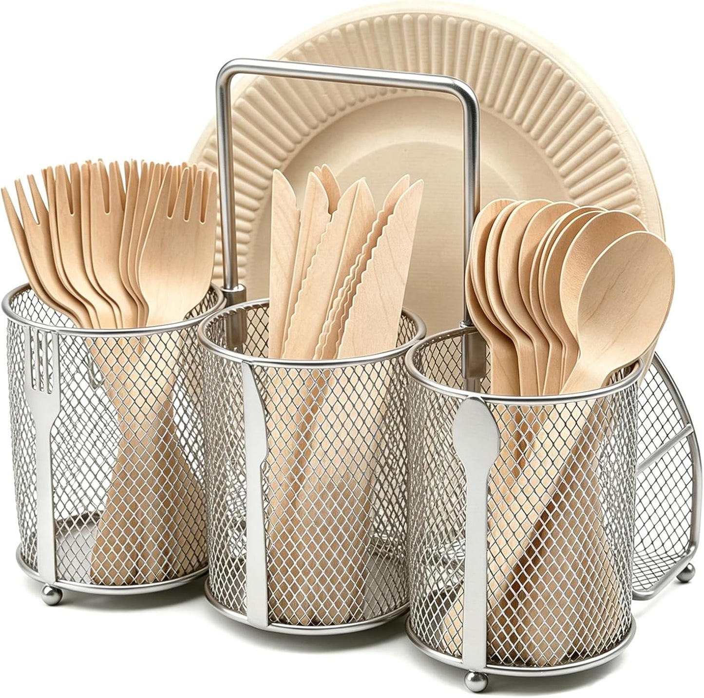 Silverware Organizer Utensil Caddy - 4 Compartment Metal Cutlery Holder Flatware Storage Basket Fork Spoon Napkin Paper Plate Kitchen Countertop Party Picnic Camping Buffet Outdoor (Gold)