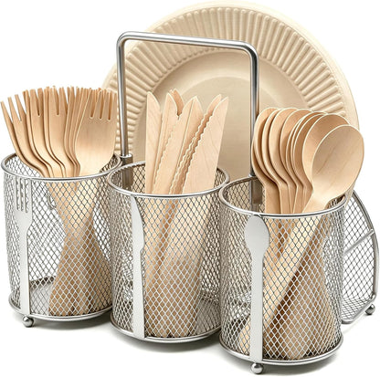 Silverware Organizer Utensil Caddy - 4 Compartment Metal Cutlery Holder Flatware Storage Basket Fork Spoon Napkin Paper Plate Kitchen Countertop Party Picnic Camping Buffet Outdoor (Gold)
