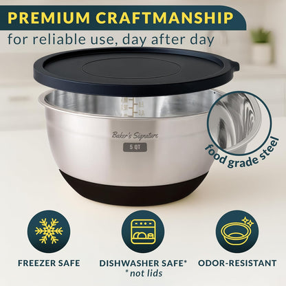 Baker's Signature Stainless Steel Mixing Bowls with Lids Set, 5 Sizes, 3 Graters, Non-Slip Base, Airtight Lids, Metal Mixing Bowls for Kitchen, Food Prep, Storage, 0.63QT-5QT, Black