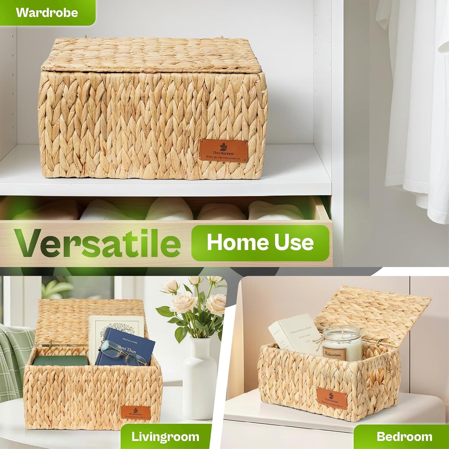 Storage Baskets for Shelves Set of 3, Open-Top Wicker Storage Bins with Handles, Shelf Organizer Baskets for Pantry, Closet & Bathroom, Water Hyacinth Baskets with Tissue Box Cover