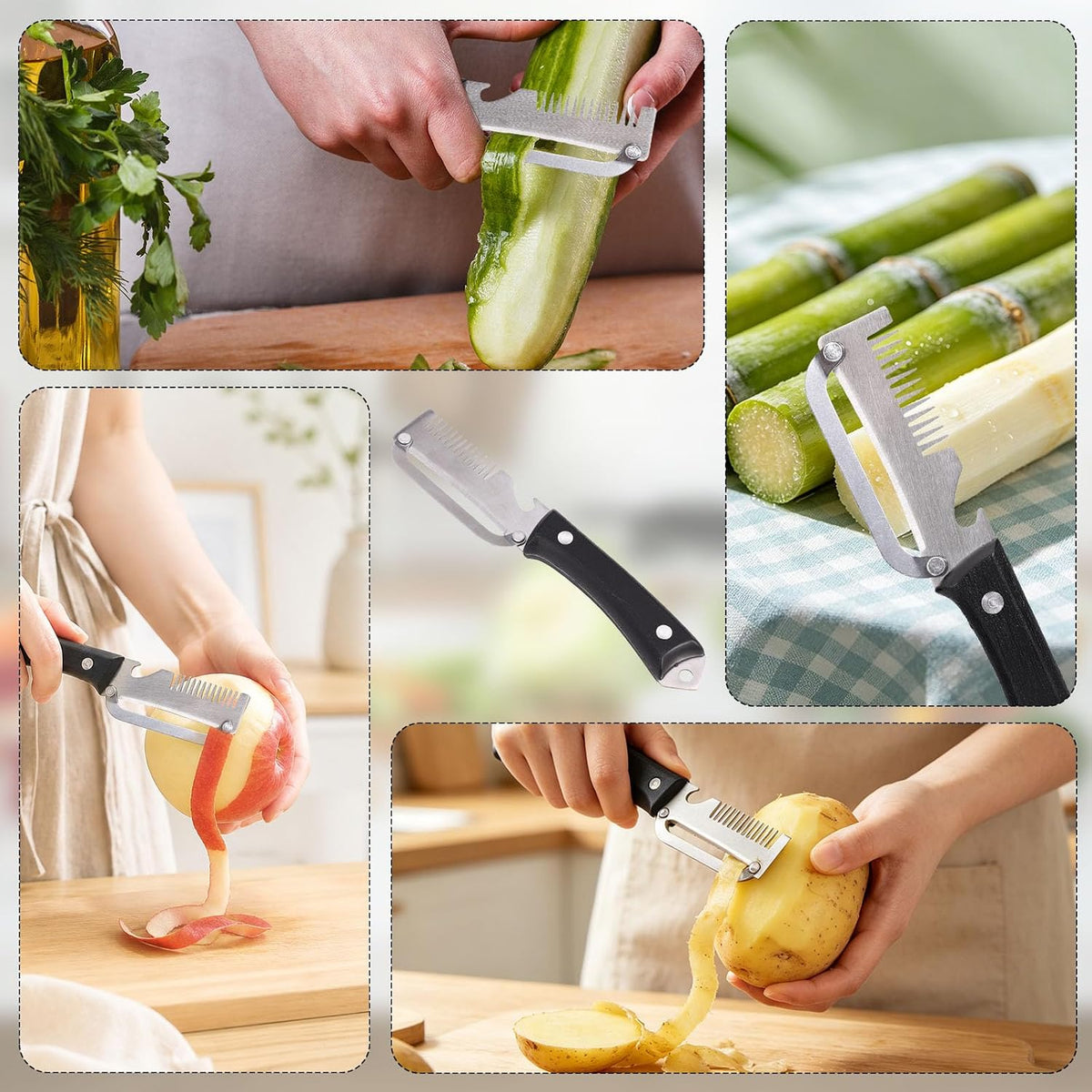 2pcs Multifunctional Vegetable Peeler, 3-in-1 Stainless Steel Fruit Peeler with Bottle Opener & Julienne Cutter Multi Functional Kitchen Gadget Knife Peeling Tool for Food Potato Apple Veggie Carrot