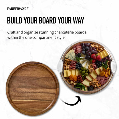 FARBERWARE Build-a-Board Cutting Board with Lazy Susan Turntable, Five Compartments, and Clear Locking Lid for Charcuterie, Snacks, and More, Acacia