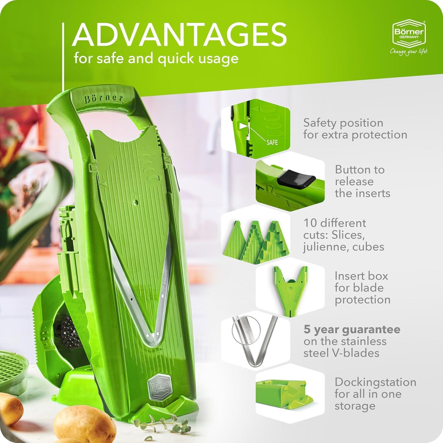 Börner Mandoline Slicer V5 (Basic Set) • Vegetable V-Slicer for Slices in 4 Thickness Settings • Stainless Steel V-Blade • Adjustable Kitchen Slicer for Vegetables & Fruits • Color: Green