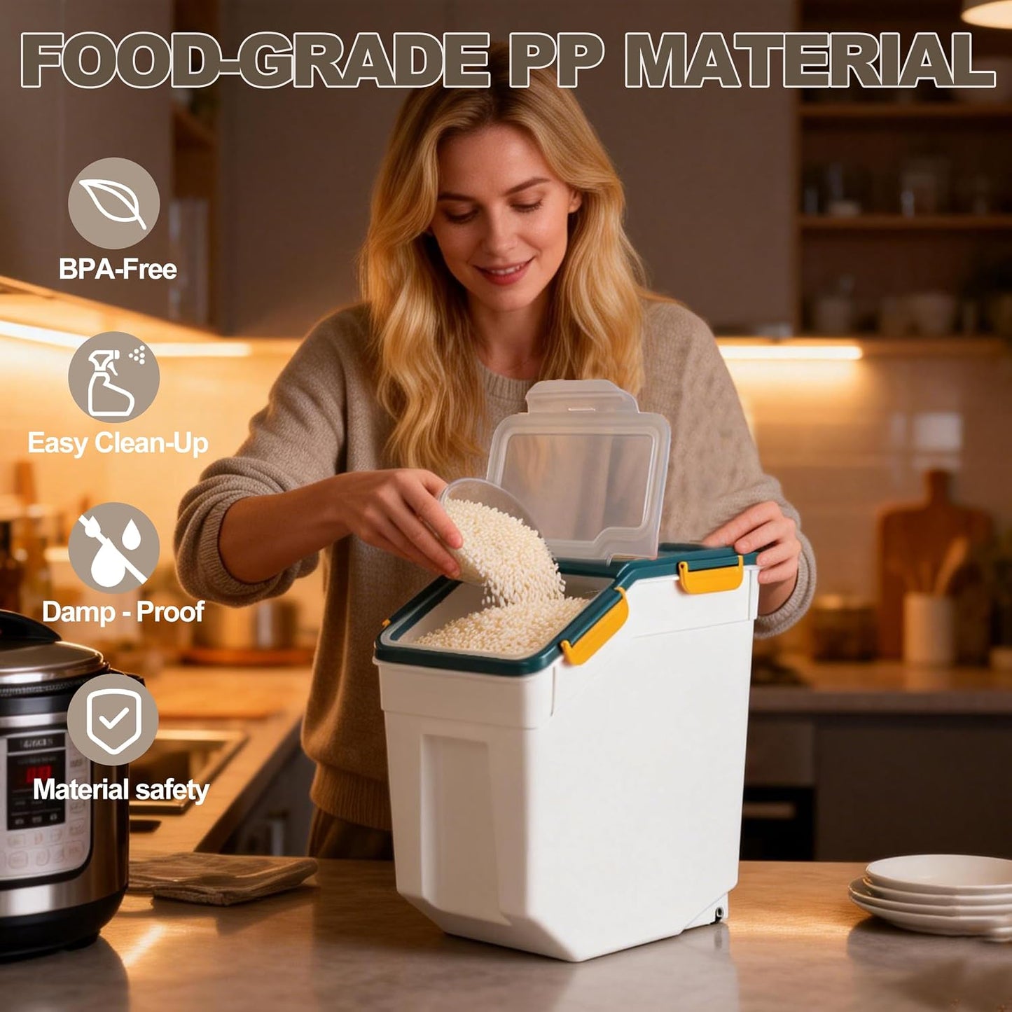 RUIAN 2Pcs Large Flour Storage Container Bin 50Lb Airtight Rice Storage Containers with Wheels Seal Locking Lid, BPA Free with Measuring Cup&Scoop for Flour, Rice, Grain 100LBS Total (Blue)