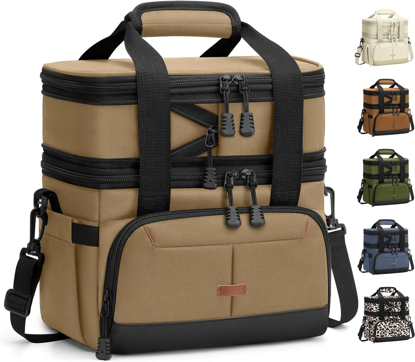 Pritent Lunch Box For Men Women Double Deck Insulated Lunch Bag For Men Woman Leakproof Expandable Cooler Bag with Adjustable Shoulder Strap for Kids Shool Work Picnic Camping(Beige,Large)