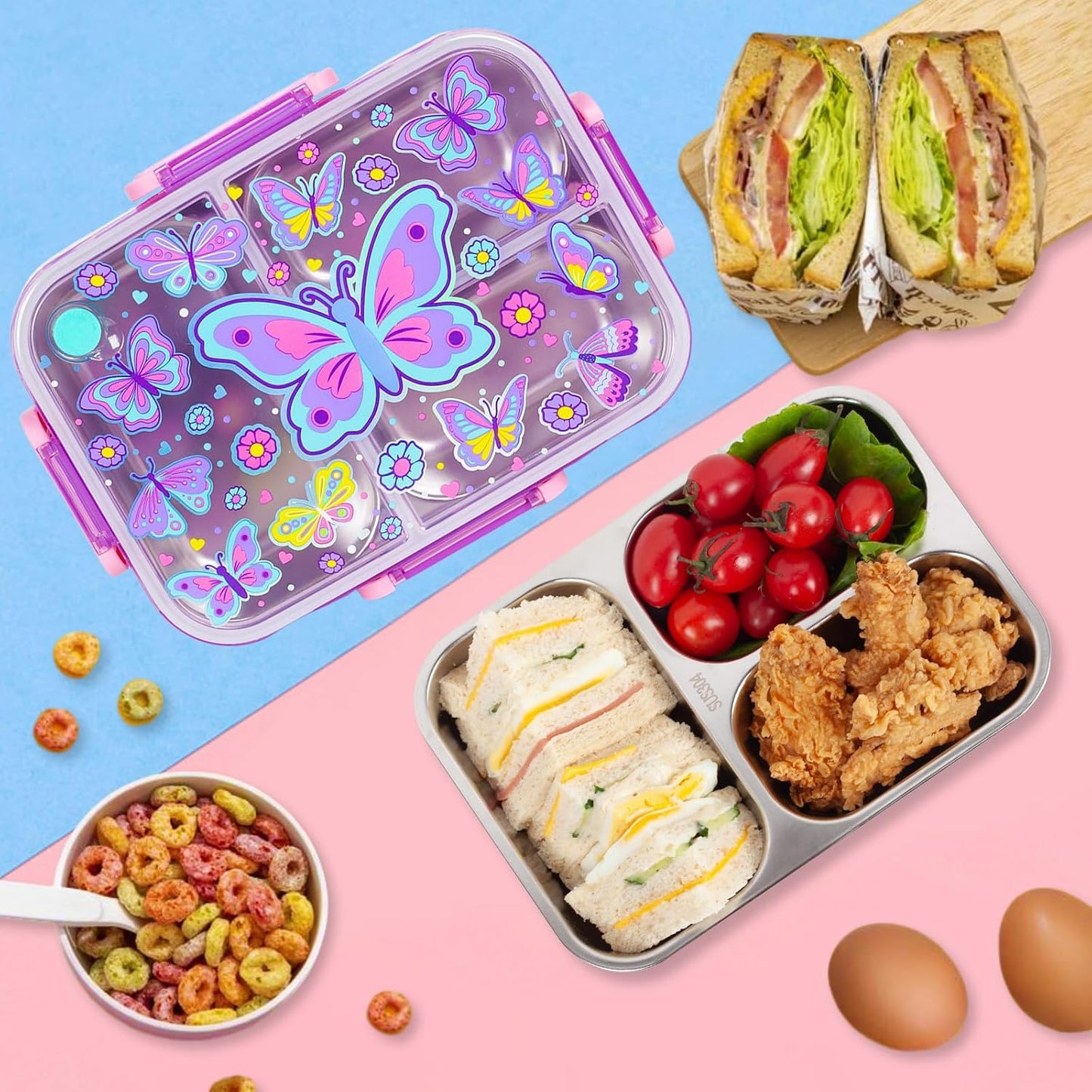 Stainless Steel Bento Lunch Box for Kids, 800ml/27oz BPA-Free Leak-Proof Food Containers with 3 Compartments, Freezer & Dishwasher Safe, Back to School Students Lunches Size for Ages 3-7