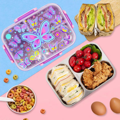 Stainless Steel Bento Lunch Box for Kids, 800ml/27oz BPA-Free Leak-Proof Food Containers with 3 Compartments, Freezer & Dishwasher Safe, Back to School Students Lunches Size for Ages 3-7