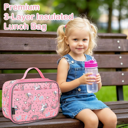 FlowFly Kids Lunch box Insulated Soft Bag Mini Cooler Back to School Thermal Meal Tote Kit for Girls, Boys, Black