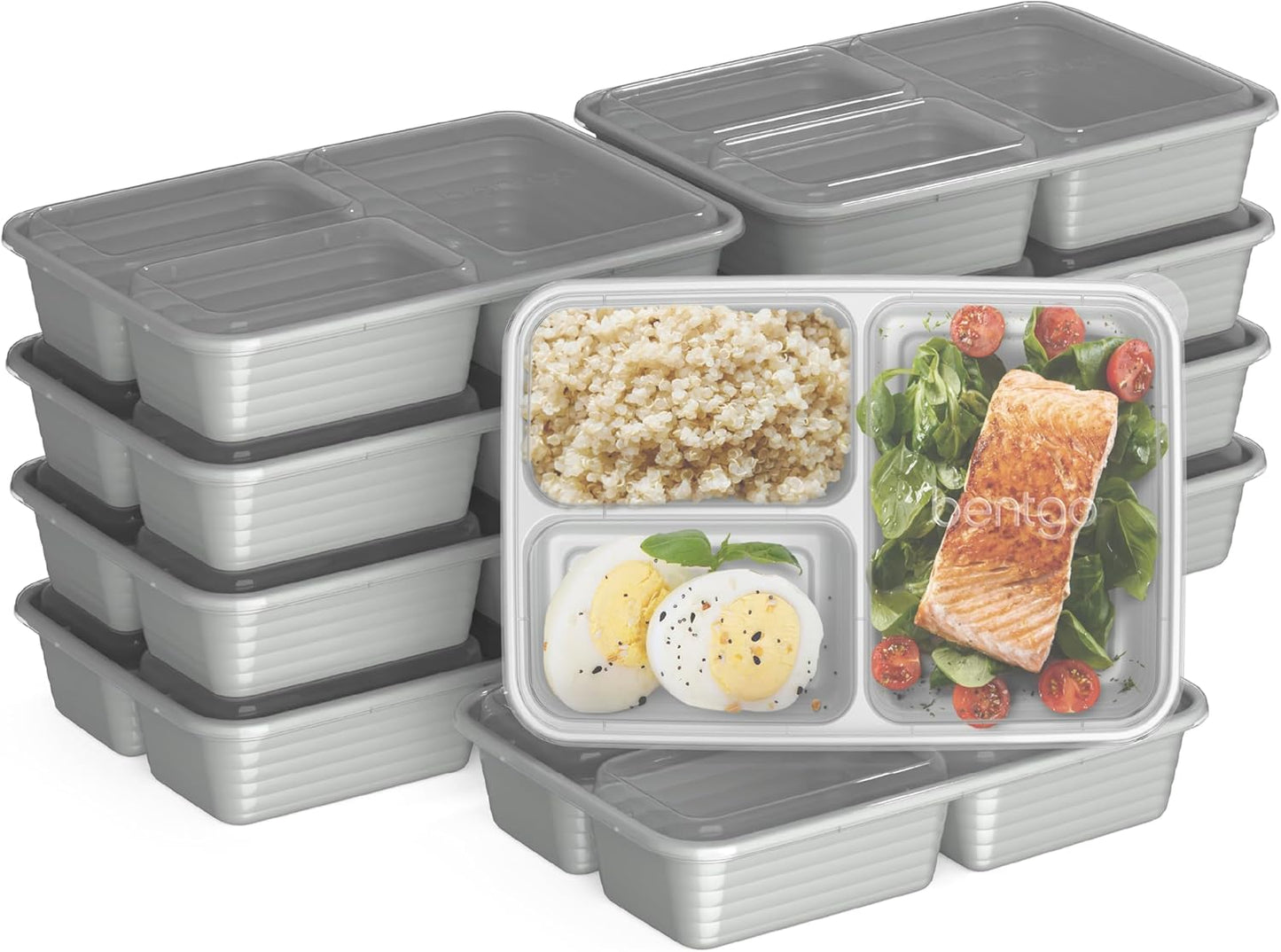 Bentgo Prep - 20-Piece 3-Compartment Reusable Meal Prep Containers with Lids, PFAS & BPA Free Materials, Durable, Microwave, Freezer, & Dishwasher Safe To Go Food Storage (Stone Gray)
