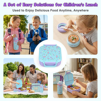 Bento Lunch Box for Kids with 7oz Soup Thermo,Insulated Stainless Steel Kids Water Bottle with Straw and Insulated Lunch Bag,Leak-Proof Lunch Food Container with Ice Pack for School (Purple-Mermaid)