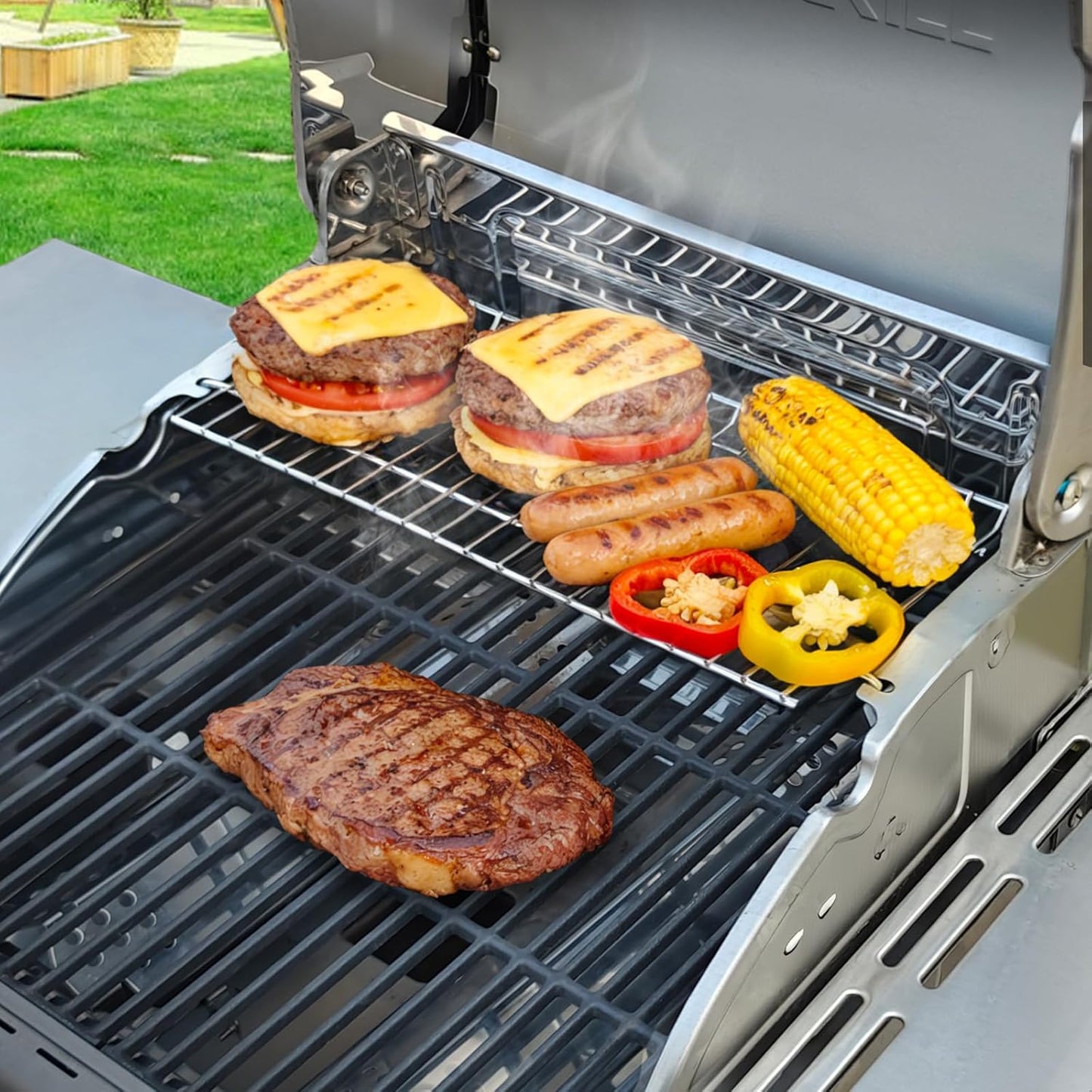 Utheer 2-Pack Griddle Warming Rack for Blackstone 28" Griddles, Stainless Steel Flat Top Grill Accessories | Reversible Rack Adds Prep Space, Foldable Clip-On Design Expands Cooking & Holding Area