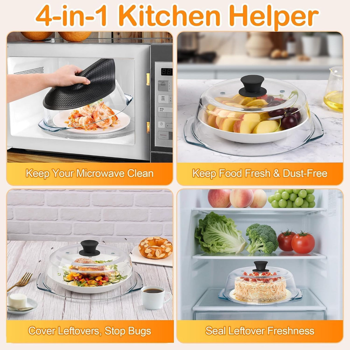 Glass Microwave Splatter Cover for Food with Microwave Place Mat - Sturdy Plate Guard Lid with Vent Holes and Easy-Grip Silicone Handle - BPA Free, Dishwasher Safe (Black)