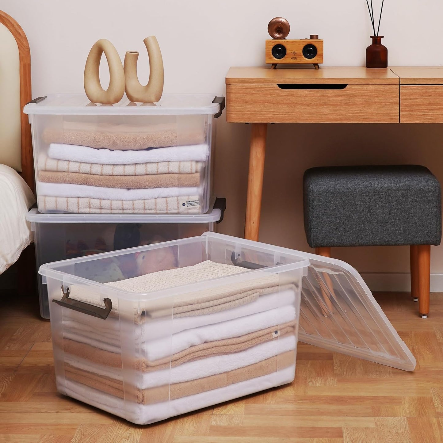 Citylife 32 QT Plastic Storage Bins with Latching Lids Stackable Storage Containers for Organizing Large Clear Storage Box for Garage, Closet, Kitchen, 4 Packs