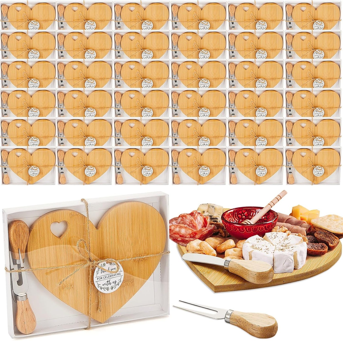 Patelai 24 Set Bridal Baby Shower Favor Heart Cheese Board with Knife, Wood Mini Charcuterie Board Thank You Gift Box for Guest Bridal Baby Shower Prize Wedding Valentines Birthday (Bamboo Color)