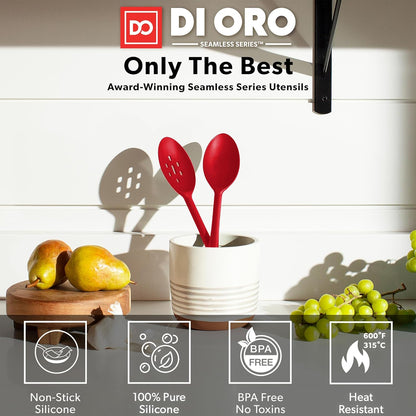 DI ORO Silicone Spoons for Cooking - Large Kitchen Spoons for Mixing, Serving, & Stirring - 600°F Heat-Resistant Non Stick Utensils – Big Solid & Slotted - Dishwasher Safe (2pc, Black)