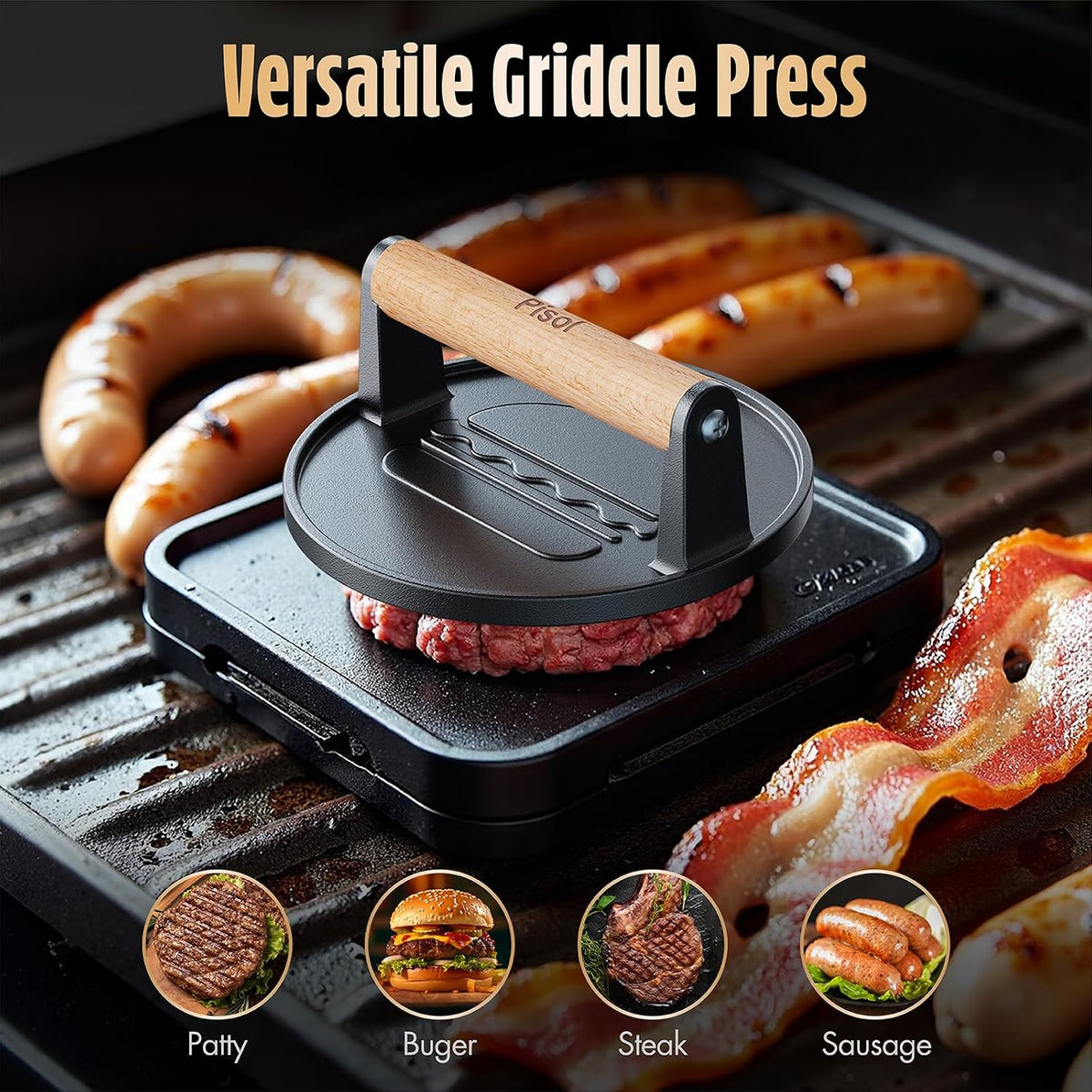 Pisol Cast Iron Smash Burger Press, Steak Weight Bacon Meat Press Tool