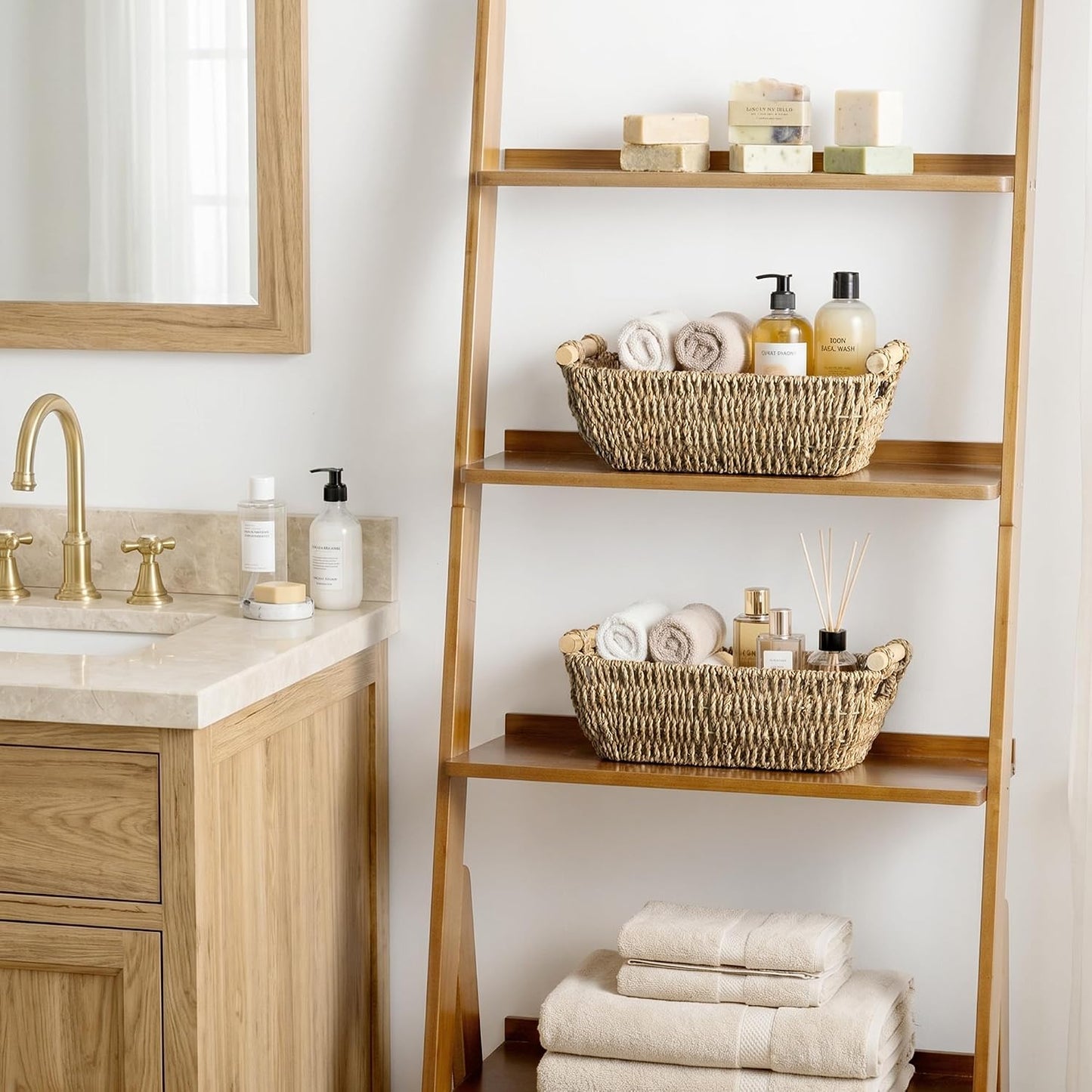 StorageWorks Hand-Woven Storage Baskets with Wooden Handles, Water Hyacinth Wicker Baskets for Organizing, 2 Pack