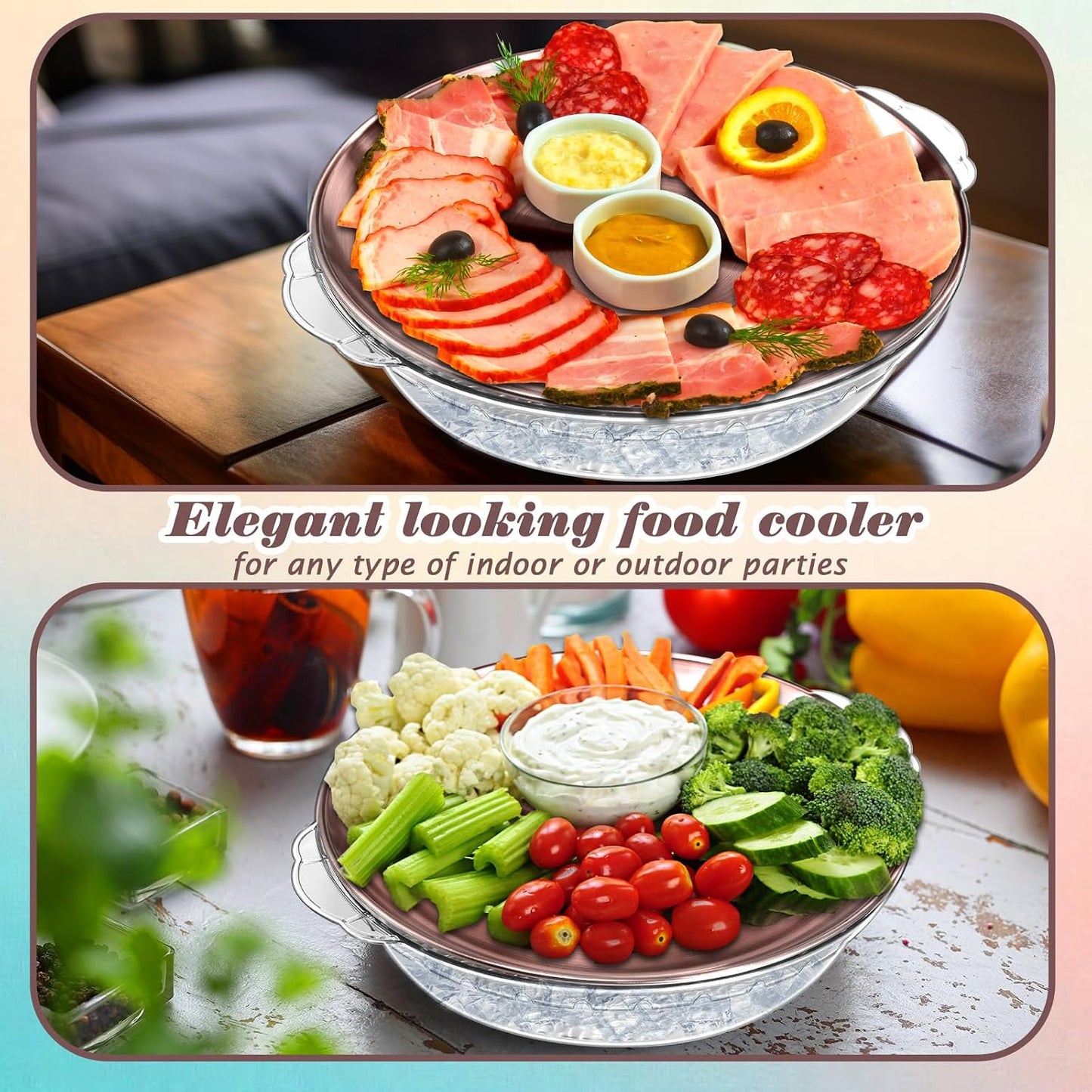 Baderke 3 Set 11.8" Chilled Serving Tray for Parties with Compartments Ice Chilled Party Platter Charcuterie Serving Board Cold Dish Dip for Fruit Seafood Vegetable Shrimp Cocktail (Gold)