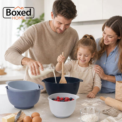 BoxedHome Nesting Plastic Mixing Bowl Set With Pour Spout, Microwave and Dishwasher Safe, BPA free Non-Slip Base, Set of 4 Size 1.7, 2.5, 3.5 and 4.5qt, Great for Prepping, Baking, Cooking (Dark Blue)