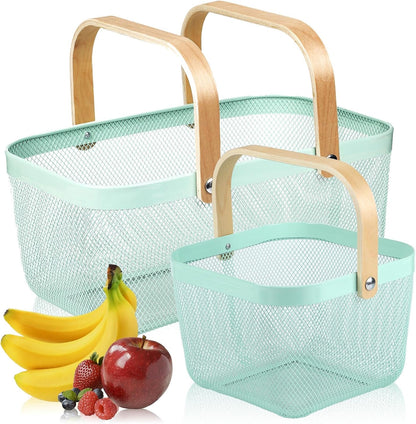 Coloful Metal Mesh Wire Basket with Foldable Wooden Handle,Bin Garden Fruit Vegetable Storage Hanging Harvest Holder for Kitchen Bathroom Picnic (Yellowish Green, Cuboid-15.7 x 9.5 x 7.2“)