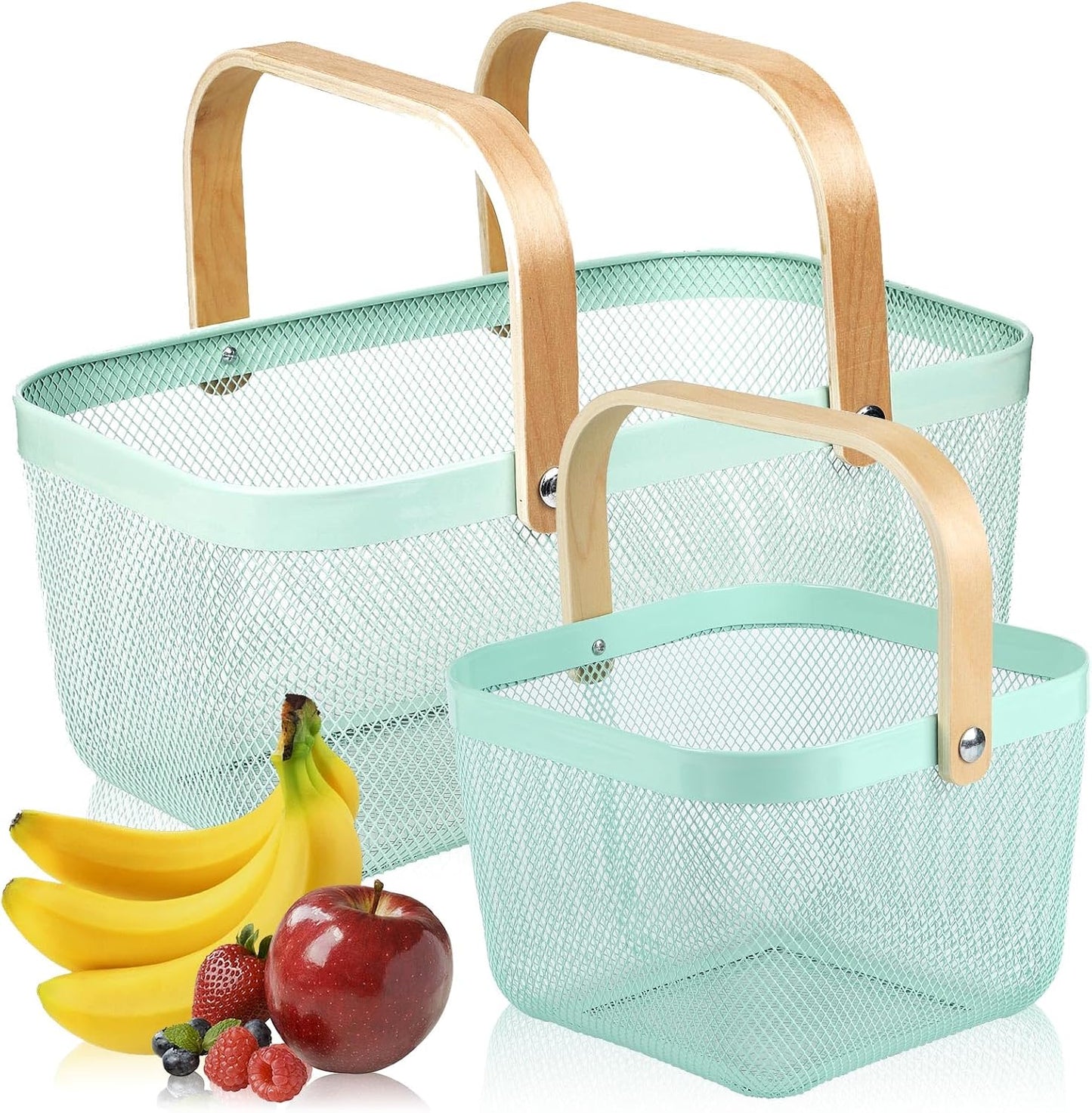 Coloful Metal Mesh Wire Basket with Foldable Wooden Handle,Bin Garden Fruit Vegetable Storage Hanging Harvest Holder for Kitchen Bathroom Picnic (Yellowish Green, Cuboid-15.7 x 9.5 x 7.2“)