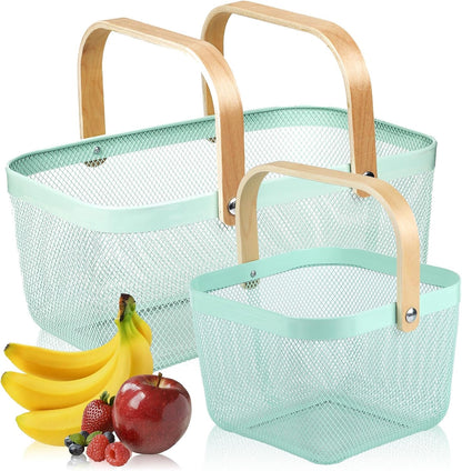 Coloful Metal Mesh Wire Basket with Foldable Wooden Handle,Bin Garden Fruit Vegetable Storage Hanging Harvest Holder for Kitchen Bathroom Picnic (Yellowish Green, Cuboid-15.7 x 9.5 x 7.2“)
