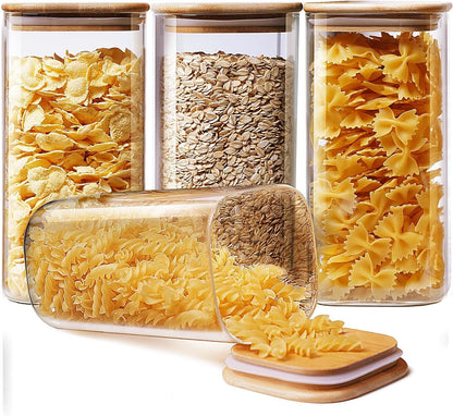 Extra Large Square Glass Flour & Sugar Storage Containers with Airtight Lids, 168oz 2 Pack Glass Jars with Bamboo Lids, Air tight Pantry Food Storage Containers for Cereal, Pasta, Rice Organizers