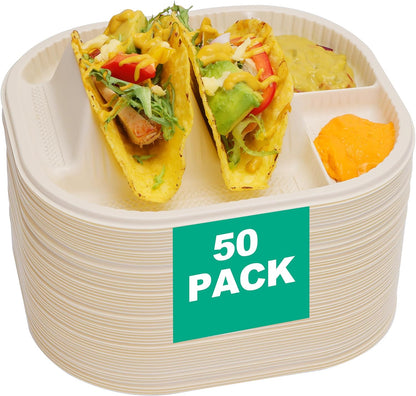 50-Pack Disposable Taco Plates for 2 Tacos & 2 Sides - For Most 4-6 IN Small Hard Shells - Biodegradable Cornstarch Holder Plates - Microwave Safe - Ideal for Fiesta, Bar, Party