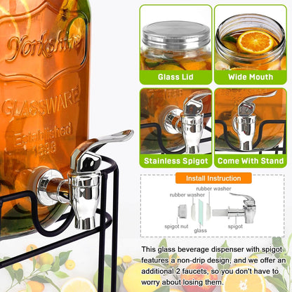 2 Gallon Drink Dispenser with 18/8 Stainless Steel Spigot, Sun Tea Glass Mason Jar for Outside, Iced Lemonade Beverage Dispenser with Fruit Infuser, Large Water Juice Jug, Punch Dispenser for Parties