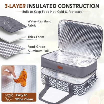 Double Layer Insulated Casserole Carrier, Fits 9" x 13" Baking Dish, Food Transport Carrier with Utensil Pocket for Hot & Cold Dishes, Reusable Potluck Tote for Thanksgiving, Parties&Family Gatherings