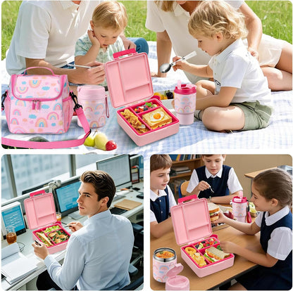 Bento Lunch Box for Kids with 17oz Soup Thermo,Insulated Tumbler Water Bottle and Insulated Lunch Bag,Leak-Proof 3 Compartment Lunch Food Container with Ice Pack for Kids to School-Horse
